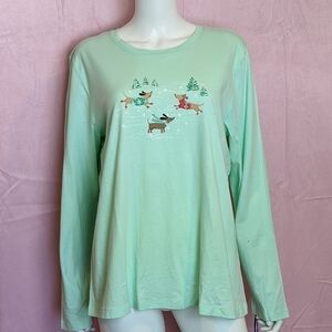 Sleep Sense Mint Green Wiener Dog Long Sleeve Christmas Pajama Top size Large